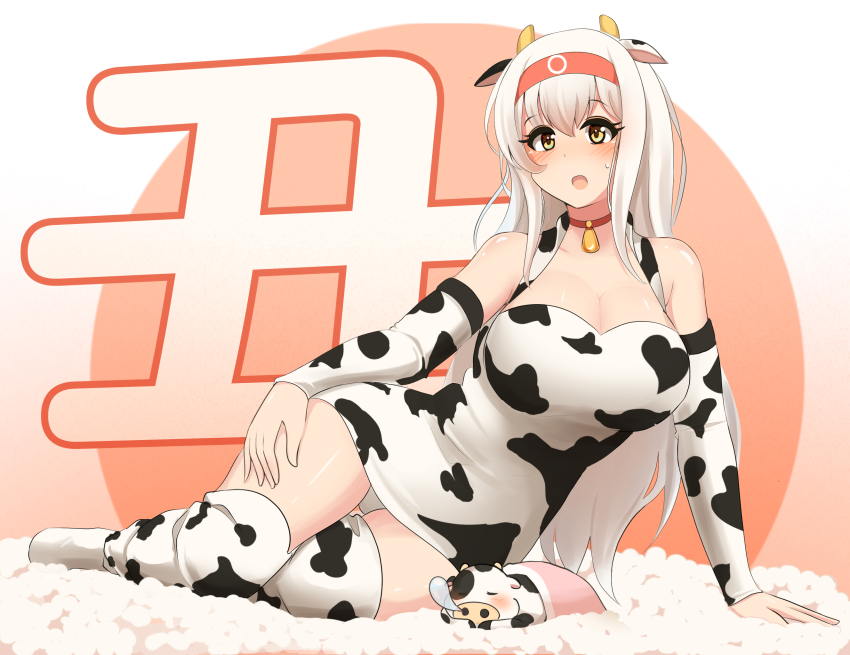1girl, alternate_hairstyle, animal_ears, animal_print, breasts, chinese_zodiac, cow_ears, cow_horns
