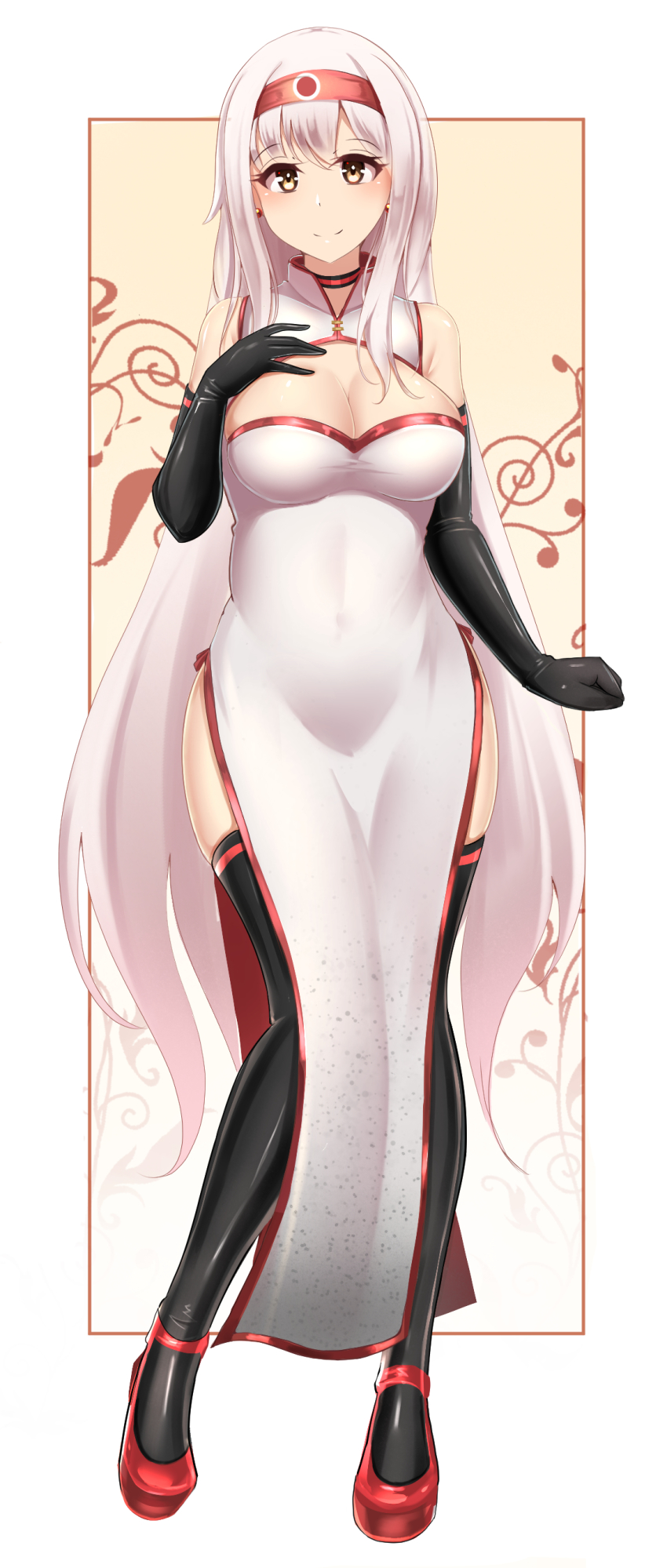 1girl, absurdres, alternate_costume, black_gloves, black_thighhighs, breasts, china_dress, chinese_clothes, cleavage_cutout, clothing_cutout, covered_navel, dress, earrings, elbow_gloves, full_body, gloves, headband, highres, jewelry, kantai_collection, large_breasts, long_hair, pelvic_curtain, red_headband, shoukaku_(kancolle), sleeveless, sleeveless_dress, smile, solo, standing, syouyu_0601, thighhighs, white_dress, white_hair, yellow_eyes
