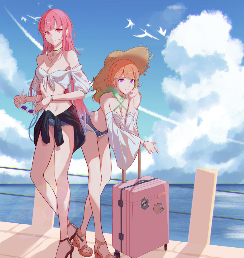 2girls, alternate_costume, alternate_hairstyle, animal, bad_id, bad_pixiv_id, bare_shoulders, bikini