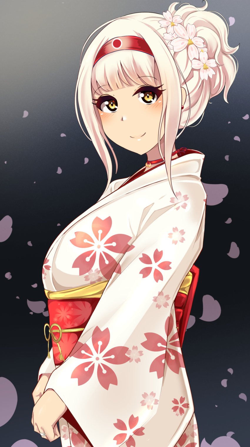 1girl, absurdres, alternate_costume, alternate_hairstyle, floral_print, flower, hair_bun, hair_flower