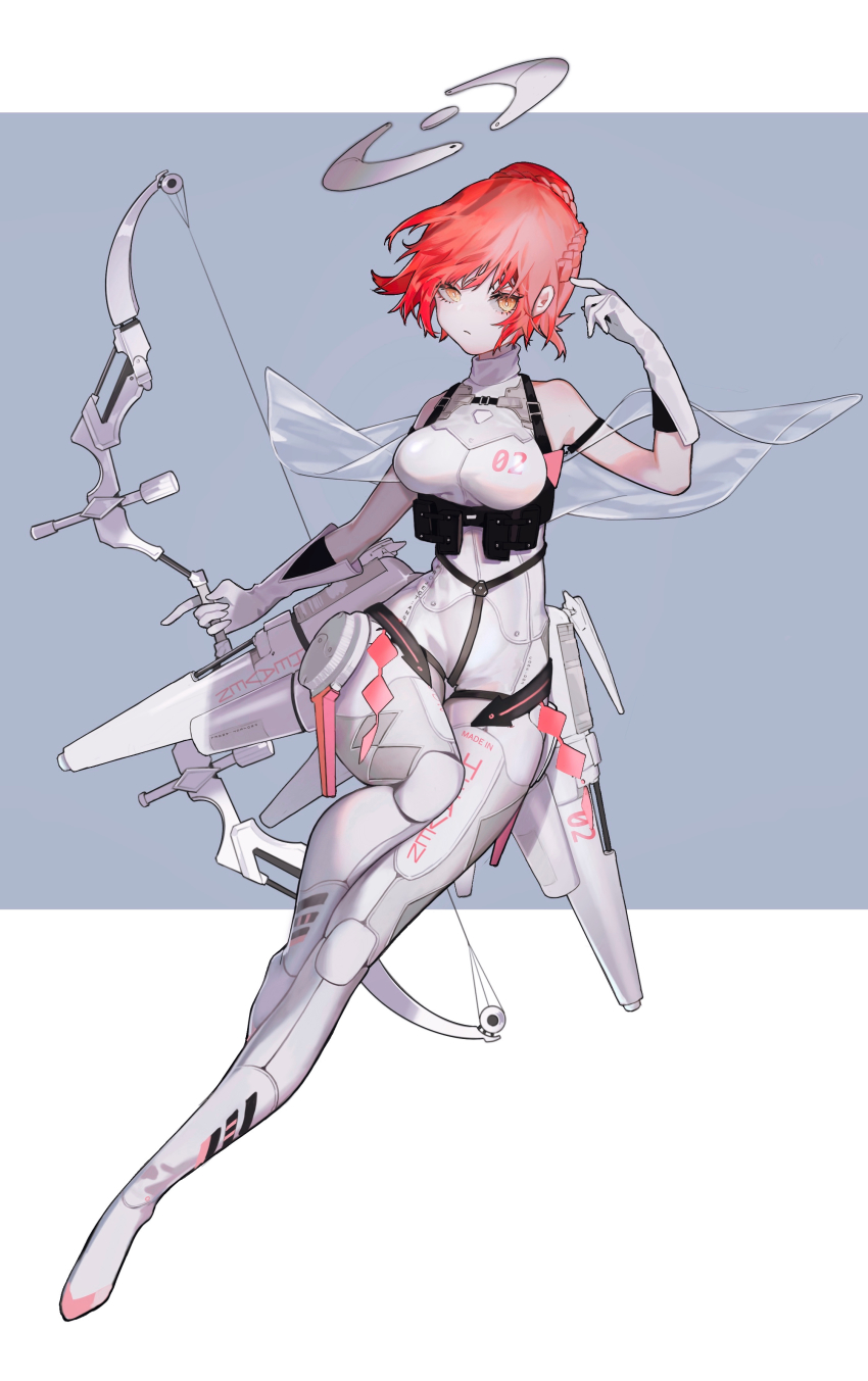 1girl, absurdres, bare_shoulders, blue_background, bodysuit, bow_(weapon), braid, breasts