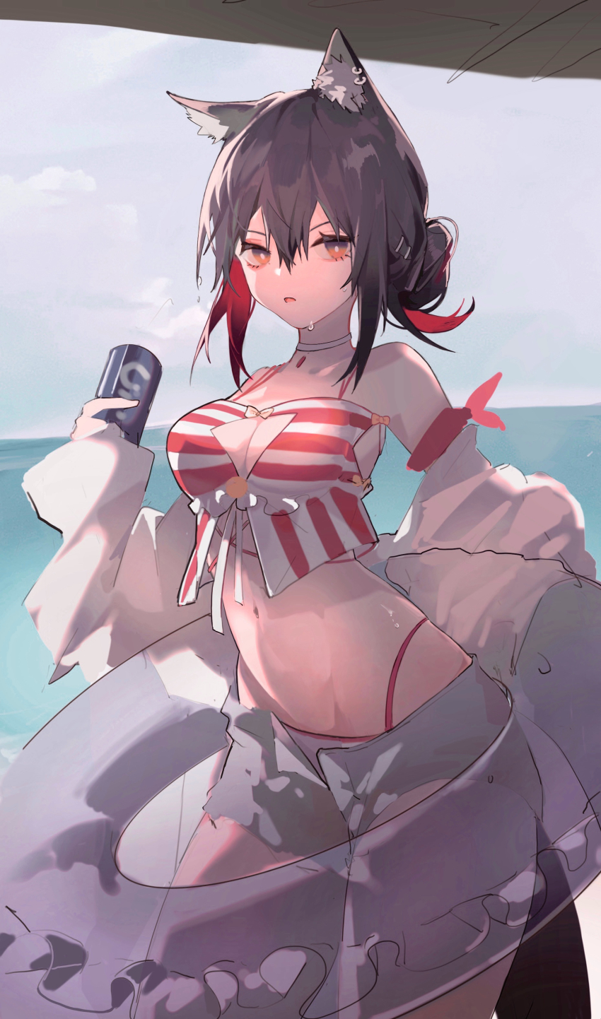 1girl, absurdres, animal_ear_fluff, animal_ears, arknights, arm_ribbon, bare_shoulders, beach