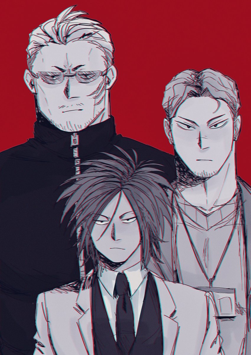 3boys, adjusting_clothes, adjusting_swimsuit, earrings, facial_scar, glasses, highres, jacket