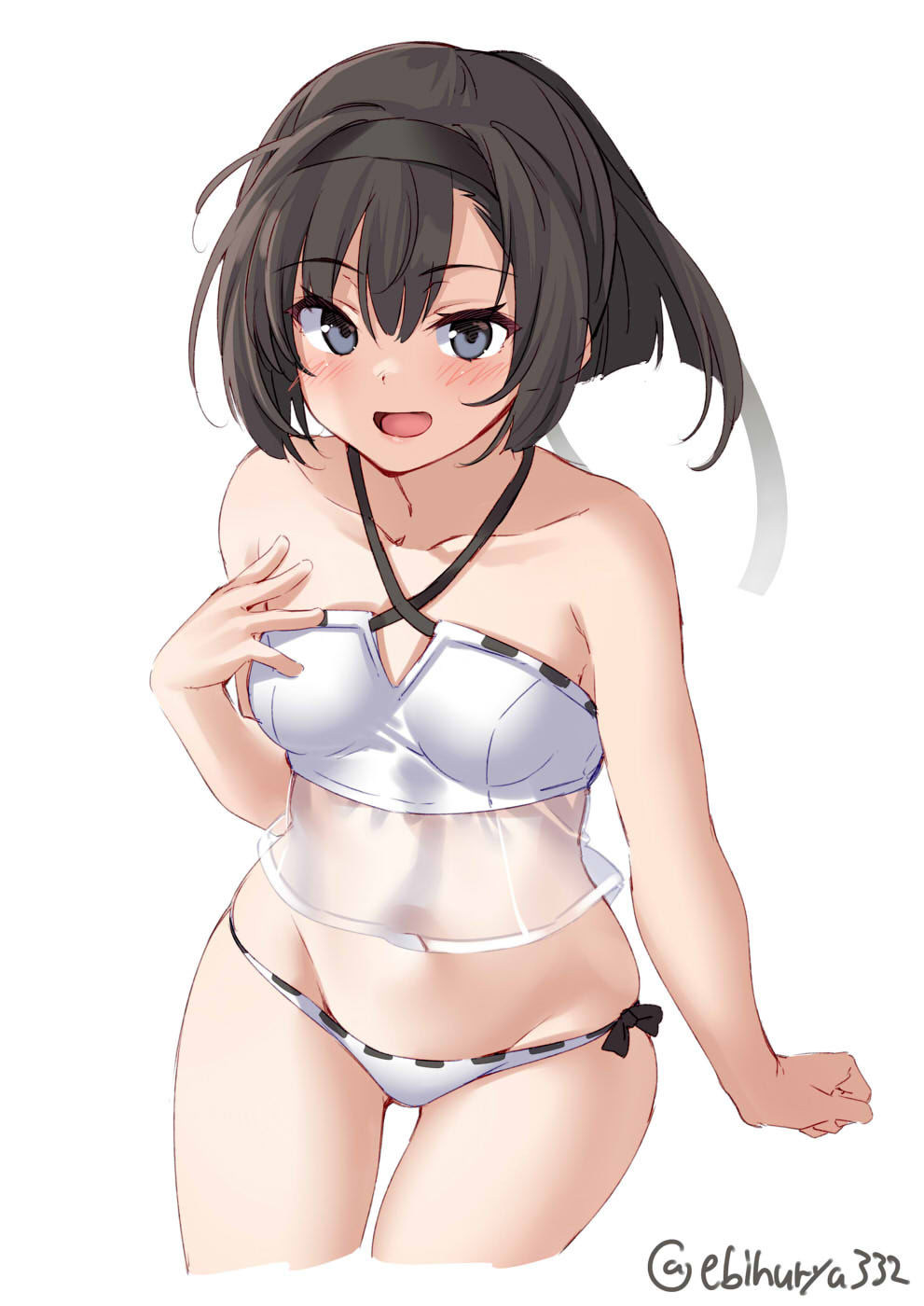 1girl, akizuki_(kancolle), akizuki_(swimsuit)_(kancolle), bikini, black_hair, black_headband, blue_eyes, blush