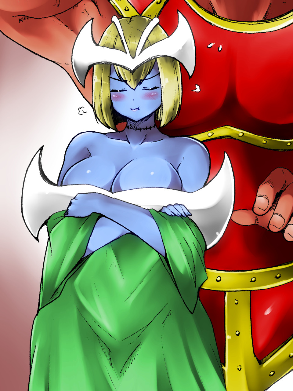 1girl, battle_ox, blonde_hair, blue_skin, breasts, cleavage, colored_skin, dress, elf, hair_between_eyes, highres, isna_(footprintsofisna), large_breasts, mystical_elf, pointy_ears, pout, short_hair, stitched_neck, stitches, yu-gi-oh!