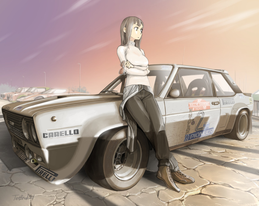1girl, arms_under_breasts, breasts, brown_eyes, brown_hair, car, crossed_arms, fiat, fiat_131_abarth, hair_behind_ear, jettoburikku, jumpsuit, jumpsuit_around_waist, looking_to_the_side, medium_breasts, motor_vehicle, original, race_vehicle, racecar, radio_antenna, rally_car, sweater, vehicle_focus, white_sweater