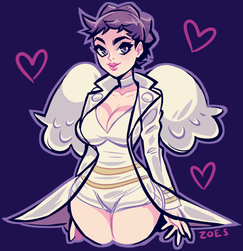 1girl, blue_background, braid, braided_bun, breasts, brown_hair, choker, cleavage