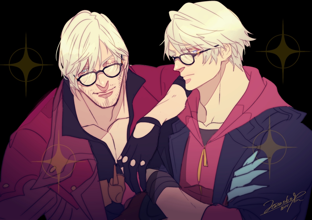 2boys, arm_on_another's_shoulder, artist_name, black_background, black_gloves, black_shirt, blue_eyes, coat, collarbone, crossed_arms, dante_(devil_may_cry), dated, devil_bringer, devil_may_cry, devil_may_cry_(series), devil_may_cry_4, dmc_pa, expressionless, facial_hair, fingerless_gloves, glasses, gloves, hood, hood_down, hoodie, male_focus, multiple_boys, mustache, nero_(devil_may_cry), one_eye_closed, partially_fingerless_gloves, shirt, short_hair, sideways_glance, signature, simple_background, smile, sparkle, undershirt, white_hair