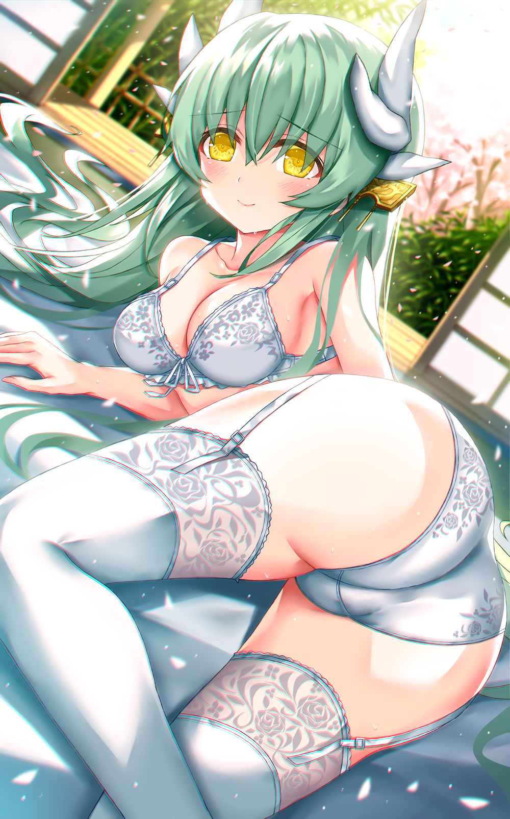 1girl, aqua_hair, ass, bra, breasts, cleavage, collarbone, dragon_girl