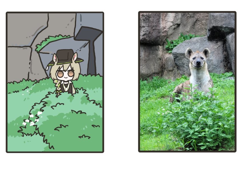 1girl, animal, animal_ears, arknights, beanstalk_(arknights), black_hat, braid, brown_eyes, bush, chibi, closed_mouth, fedora, grey_hair, hat, hyena, hyena_ears, hyena_girl, photo-referenced, photo_inset, real_life_insert, rihi_ewokakune, solo