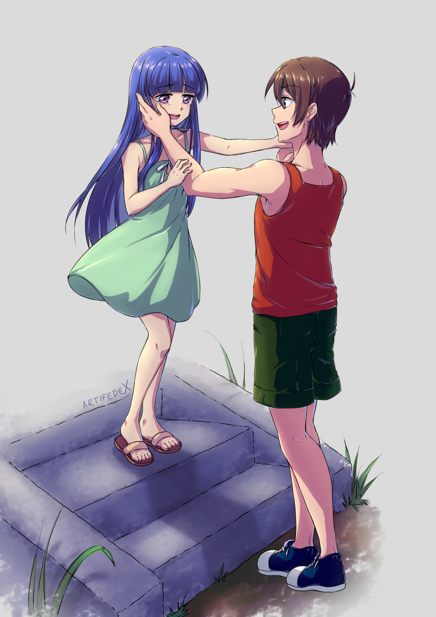 1boy, 1girl, absurdres, age_difference, aqua_dress, artifedex, blue_hair, blunt_bangs, brown_hair, collarbone, dress, full_body, furude_rika, green_shorts, hair_between_eyes, hand_on_another's_cheek, hand_on_another's_face, highres, higurashi_no_naku_koro_ni, holding_hands, long_hair, maebara_keiichi, open_mouth, purple_eyes, red_shirt, shirt, short_dress, short_hair, shorts, sleeveless, sleeveless_dress, sleeveless_shirt, standing, straight_hair, sundress, teenage_boy_and_younger_girl, very_long_hair