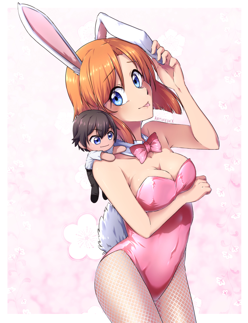 1boy, 1girl, absurdres, animal_ears, artifedex, blue_eyes, breasts, brown_hair, character_doll, cleavage, closed_mouth, collarbone, covered_navel, cowboy_shot, detached_collar, doll, fake_animal_ears, fake_tail, fishnet_pantyhose, fishnets, hair_between_eyes, hair_intakes, highres, higurashi_no_naku_koro_ni, leotard, looking_at_viewer, maebara_keiichi, medium_breasts, medium_hair, pantyhose, pink_background, pink_leotard, pink_neckwear, playboy_bunny, rabbit_ears, rabbit_tail, ryuuguu_rena, smile, standing, strapless, strapless_leotard, tail, tongue, tongue_out