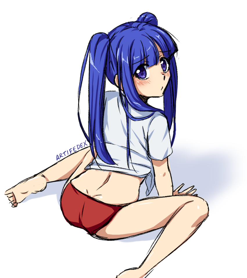 1girl, absurdres, alternate_hairstyle, artifedex, ass, barefoot, between_legs, blue_eyes