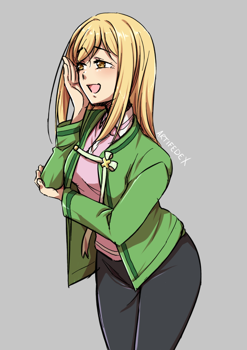 1girl, :d, absurdres, artifedex, black_pants, blonde_hair, cowboy_shot, green_jacket