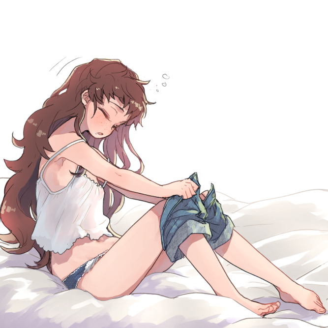 1girl, barefoot, blue_panties, blue_shorts, brown_hair, camisole, closed_eyes, clothes_pull