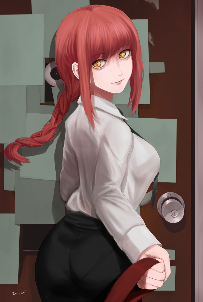 1girl, absurdres, artist_name, ass, black_necktie, black_pants, braid, braided_ponytail, breasts, business_suit, chainsaw_man, closed_mouth, collared_shirt, commentary, door, english_commentary, formal_clothes, from_behind, highres, holding, holding_leash, kuri_(tastykuri), leash, long_hair, long_sleeves, looking_at_viewer, looking_back, makima_(chainsaw_man), medium_breasts, medium_hair, necktie, pants, pantylines, pov, red_hair, ringed_eyes, shirt, sidelocks, smile, solo, suit, viewer_on_leash, white_shirt, yellow_eyes