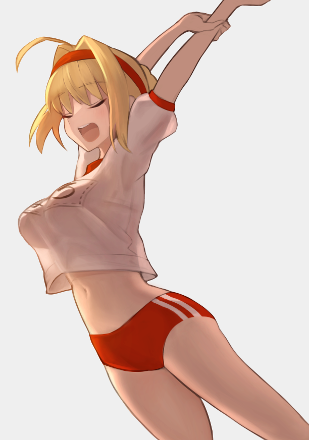 1girl, ahoge, blonde_hair, blush, braid, breasts, buruma, closed_eyes