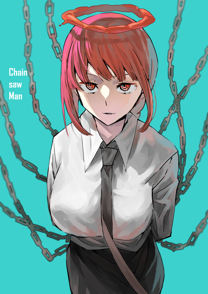 1girl, absurdres, arms_behind_back, black_necktie, black_pants, blue_background, braid, braided_ponytail