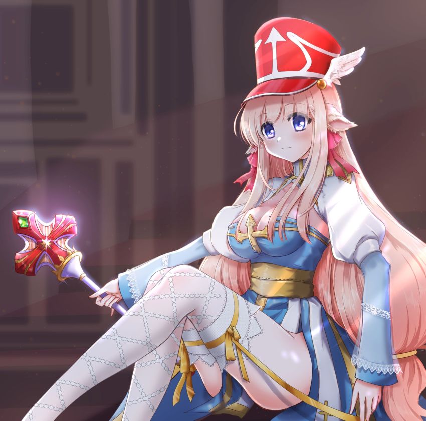 1girl, animal_ears, arch_bishop_(ragnarok_online), blue_dress, blue_eyes, blush, breasts, cleavage_cutout, closed_mouth, clothing_cutout, commentary_request, crosier, cross, crossed_legs, dress, full_body, hair_ribbon, hat, highres, holding, holding_staff, juliet_sleeves, kuma_king, lace, lace_legwear, long_hair, long_sleeves, looking_at_viewer, medium_breasts, pink_hair, pink_ribbon, puffy_sleeves, ragnarok_online, red_hat, ribbon, sash, shako_cap, smile, solo, staff, thighhighs, two-tone_dress, white_dress, white_thighhighs, winged_hat, yellow_sash