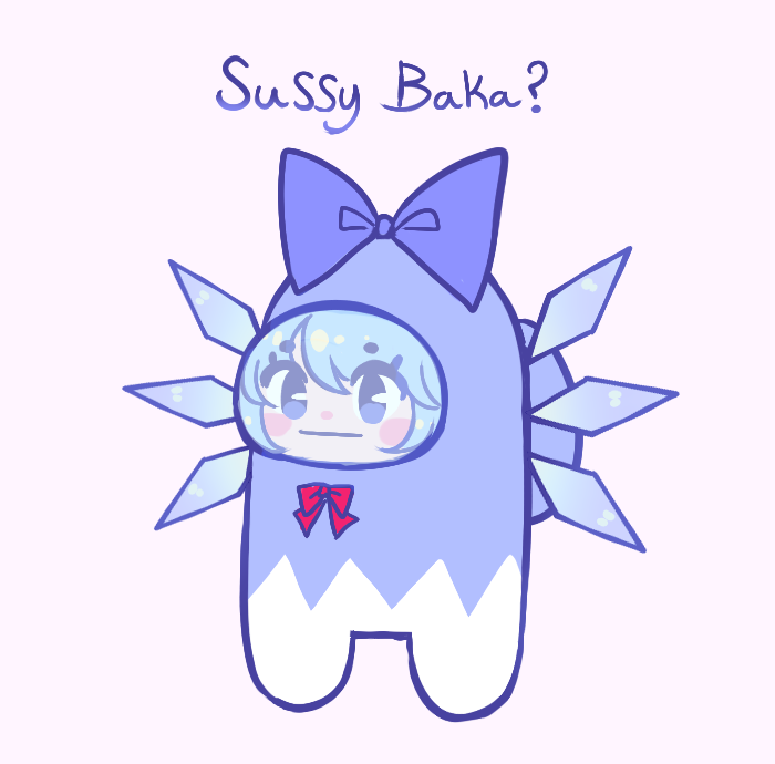 1girl, among_us, blue_bow, blue_eyes, blue_hair, blush_stickers, bow, bowtie, cirno, closed_mouth, commentary, cosplay, crewmate_(among_us), crewmate_(among_us)_(cosplay), crossover, dreamysuite, english_commentary, english_text, eyes_visible_through_hair, full_body, hair_between_eyes, ice, ice_wings, meme, red_bow, red_bowtie, short_hair, solo, touhou, wings