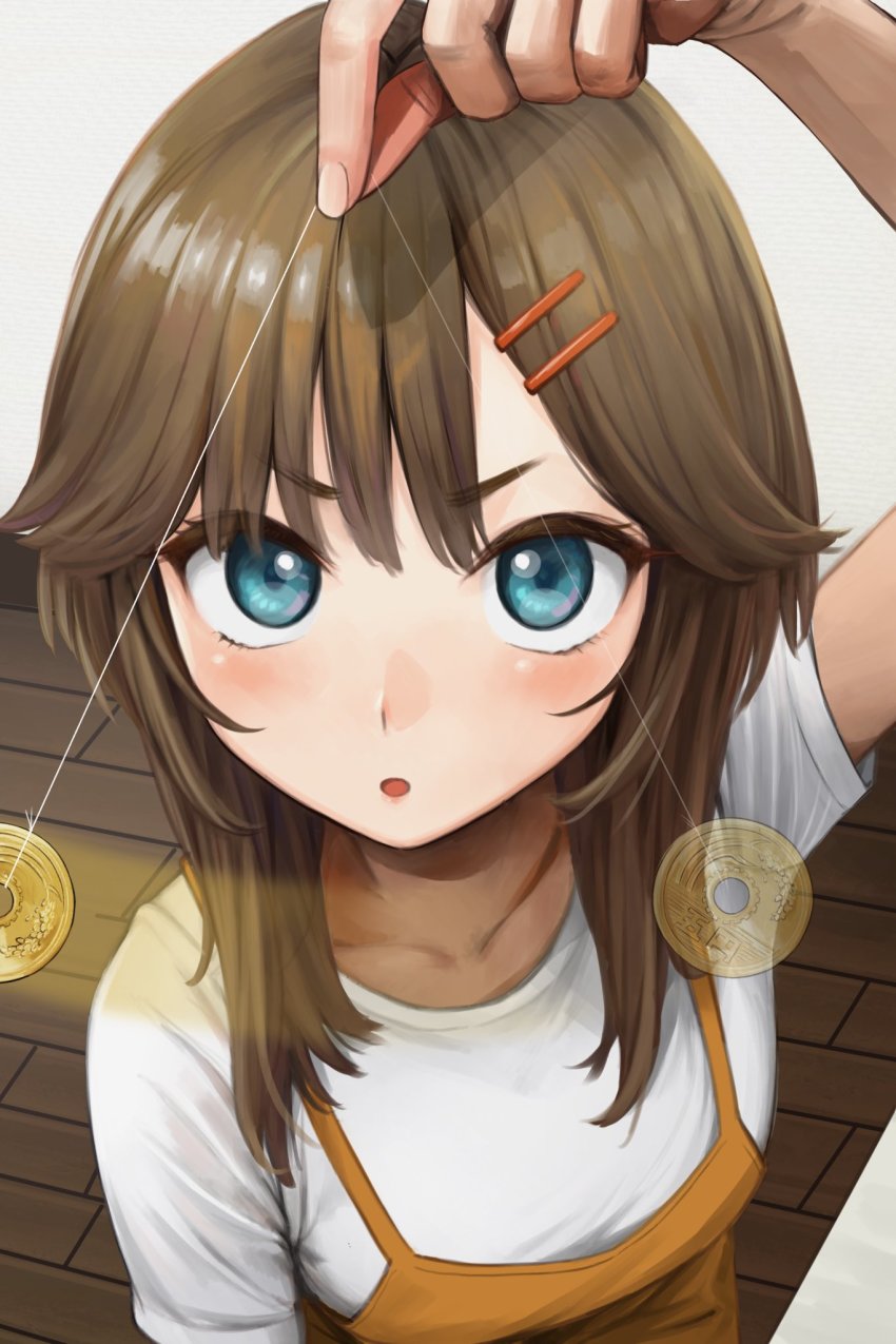1girl, arm_up, blue_eyes, blush, brown_hair, coin, coin_on_string, collarbone