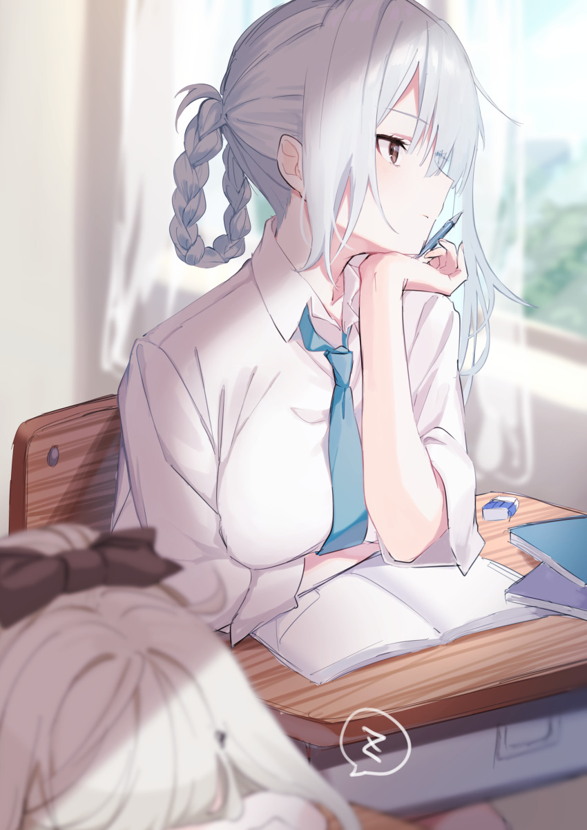 absurdres, alternate_costume, asymmetrical_hair, bow, braid, chair, classroom, desk