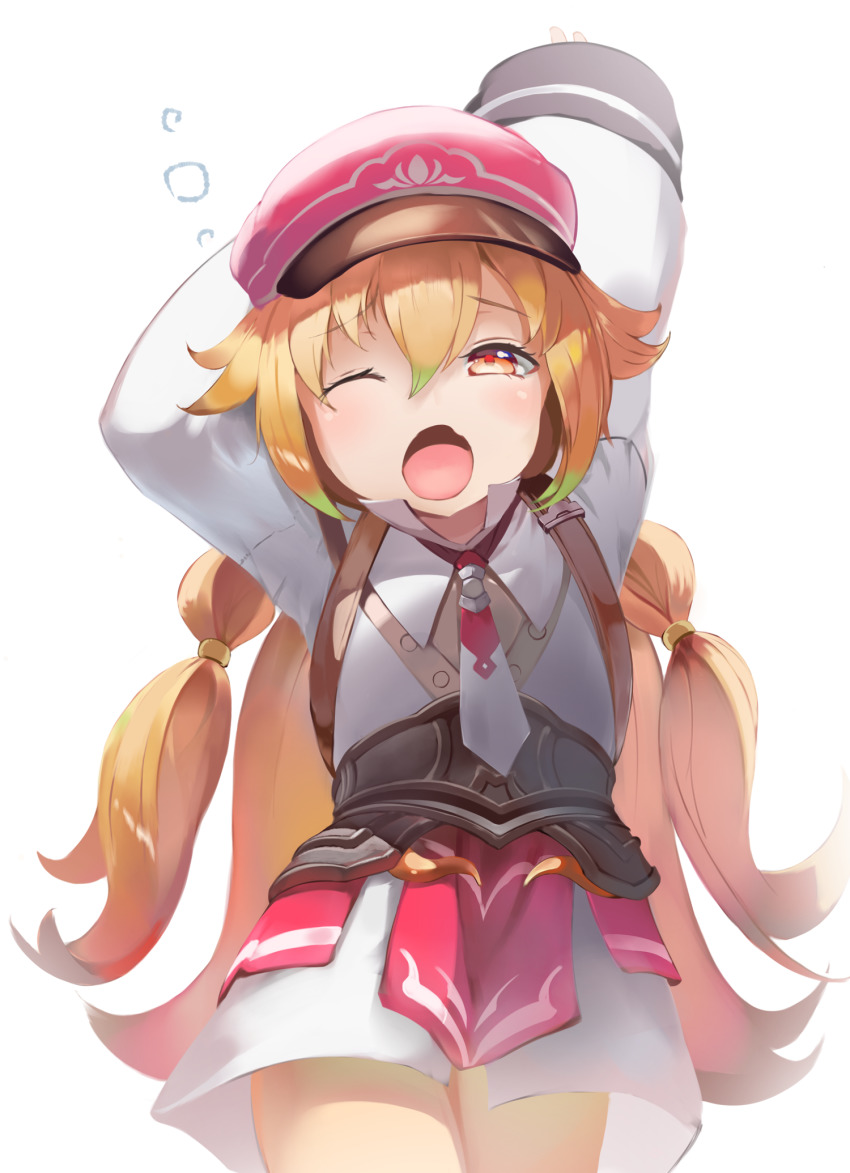 1girl, arms_behind_head, arms_up, artist_request, blonde_hair, brown_eyes, hat, highres, livia_(rune_factory), long_hair, one_eye_closed, open_mouth, rune_factory, rune_factory_5, solo