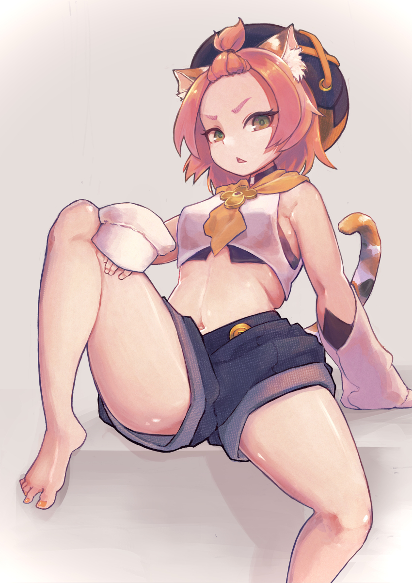 1girl, absurdres, aged_up, animal_ear_fluff, animal_ears, arm_support, armpits, baggy_shorts, bangs_pinned_back, barefoot, black_shorts, breasts, cat_ears, cat_girl, cat_tail, commentary_request, detached_sleeves, diona_(genshin_impact), genshin_impact, green_eyes, grey_background, hat, highres, looking_at_viewer, medium_breasts, midriff, muitarou, navel, parted_lips, pink_hair, short_hair, shorts, sidelocks, simple_background, sitting, solo, tail, thick_eyebrows, thighs, toenails, toes, triangle_mouth