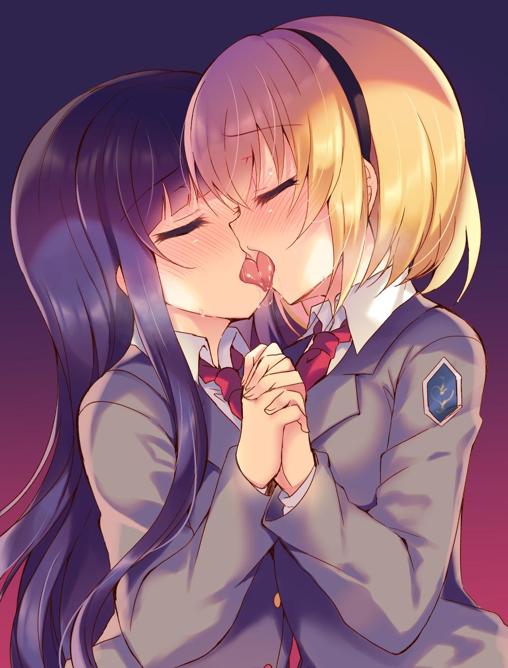 2girls, black_hairband, blazer, blonde_hair, blunt_bangs, blush, closed_eyes, collared_shirt, commentary_request, couple, facing_another, french_kiss, from_side, furude_rika, grey_jacket, hairband, heavy_breathing, highres, higurashi_no_naku_koro_ni, higurashi_no_naku_koro_ni_gou, holding_hands, houjou_satoko, interlocked_fingers, jacket, kiss, long_hair, long_sleeves, multiple_girls, necktie, profile, purple_hair, red_neckwear, saliva, school_uniform, shirt, st._lucia_academy_school_uniform, suzunone_rena, tongue, very_long_hair, white_shirt, yuri