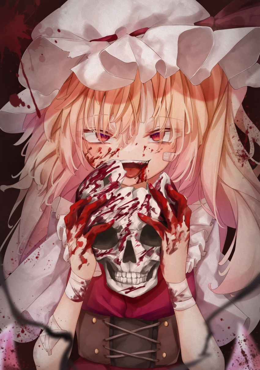 1girl, :d, absurdres, bandaged_arm, bandages, bandaid, bandaid_on_face, blonde_hair
