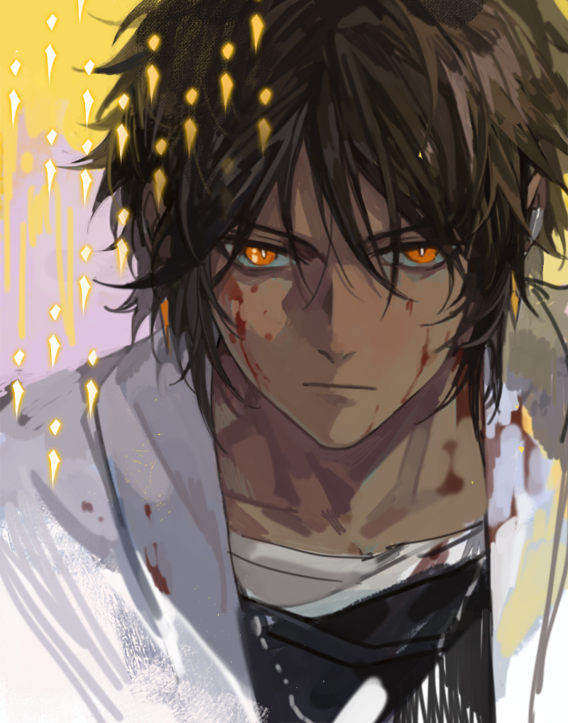 1boy, arknights, black_shirt, blood, blood_on_clothes, blood_on_face, bright_pupils, brown_hair