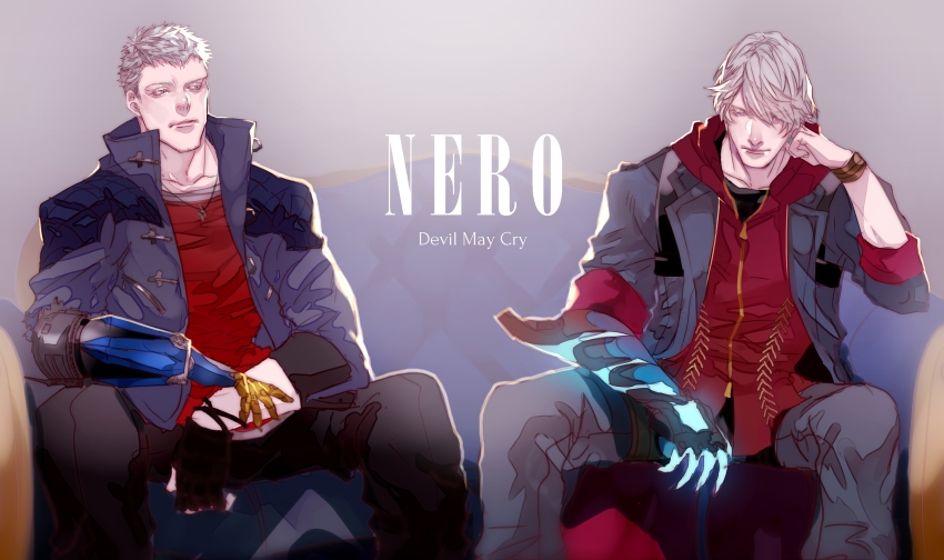 2boys, absurdres, artist_name, black_gloves, blue_eyes, bracelet, character_name, coat