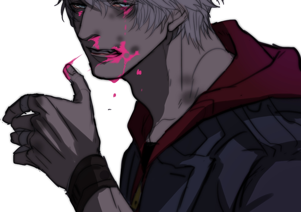 1boy, artist_name, blood, blood_on_face, blood_on_hands, blue_eyes, bracelet, clenched_teeth