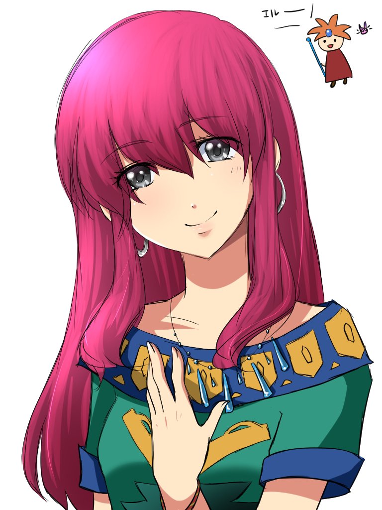 1girl, ark_(tenchi_souzou), bracelet, breasts, brown_hair, closed_mouth, dress, earrings