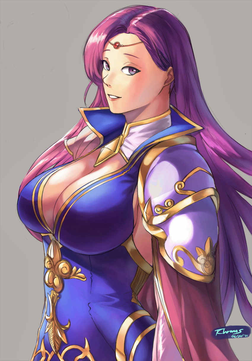 1girl, absurdres, artist_name, breasts, brunnya_(fire_emblem), cape, cleavage, dated, fire_emblem, fire_emblem:_the_binding_blade, grey_background, grin, highres, large_breasts, long_hair, looking_at_viewer, nintendo, purple_eyes, purple_hair, sideboob, smile, solo, tempura_chronos, upper_body