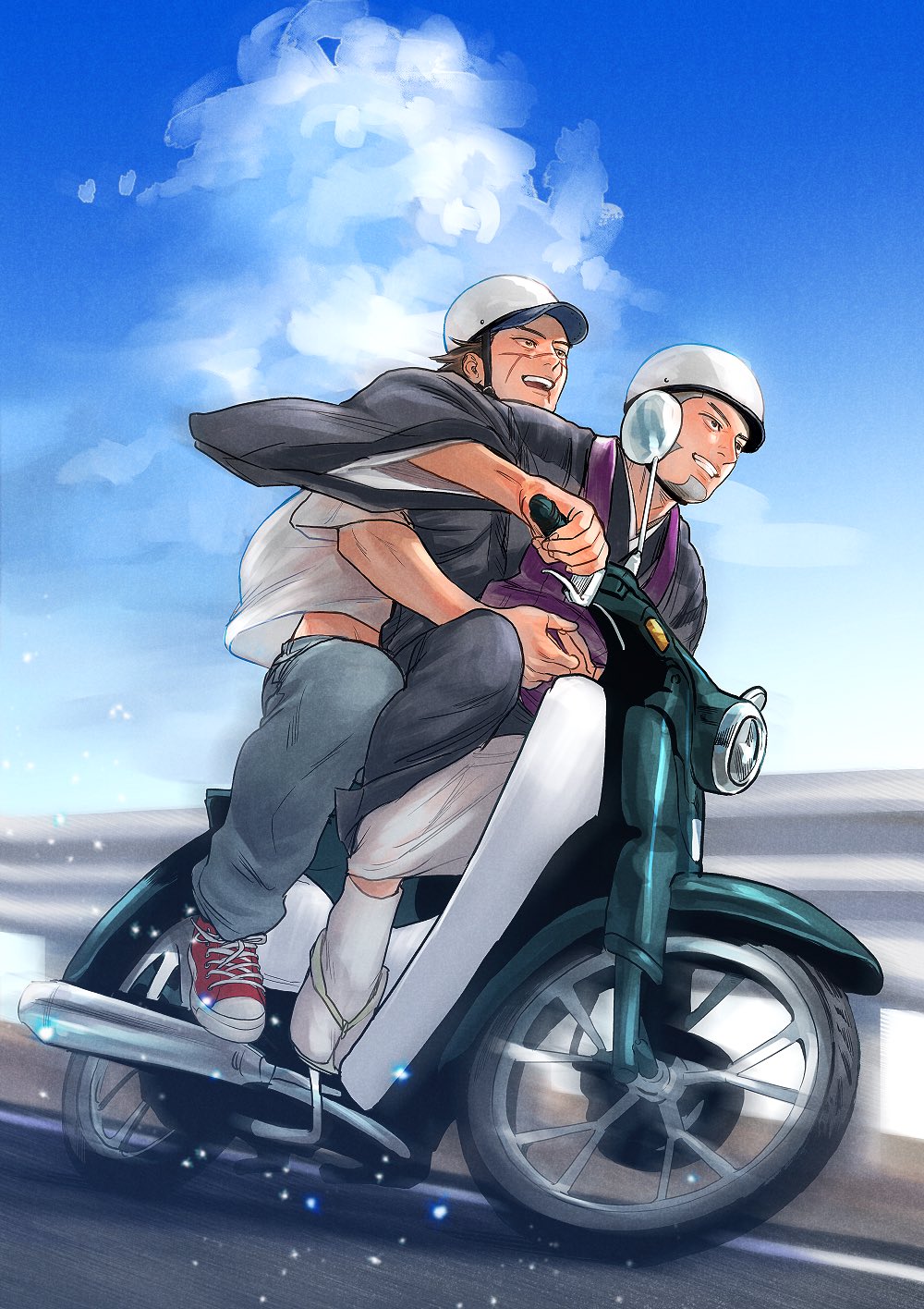 2boys, alternate_costume, black_kimono, blue_pants, ganpiro, golden_kamuy, helmet, highres