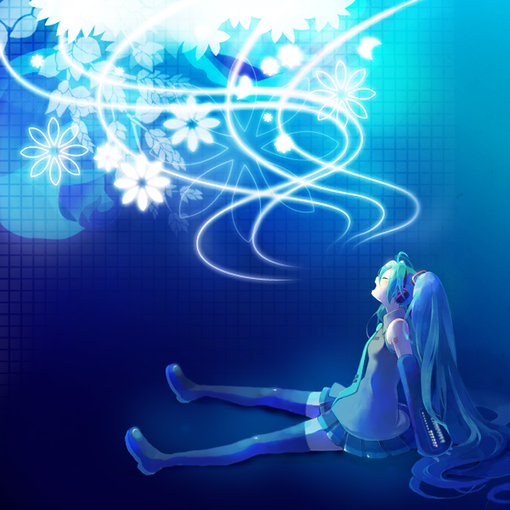 1girl, aqua_hair, bad_id, bad_pixiv_id, blue_theme, detached_sleeves, female_focus, flower