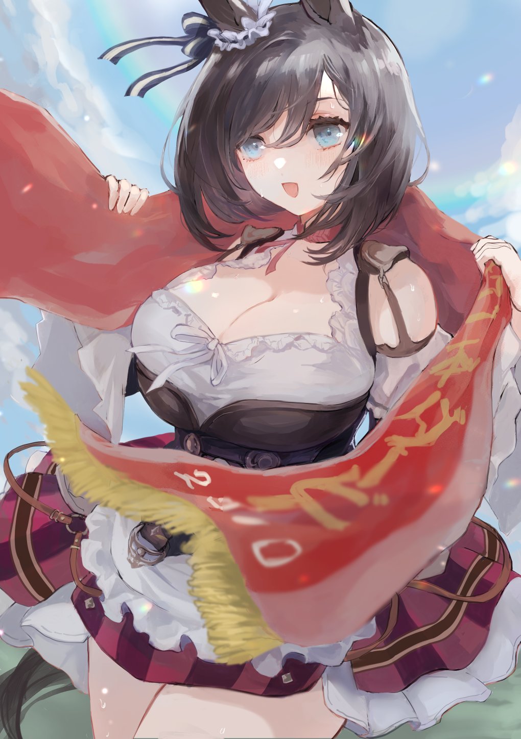 1girl, :d, animal_ears, bell_sleeves, belt, black_hair, blue_bow, blue_eyes