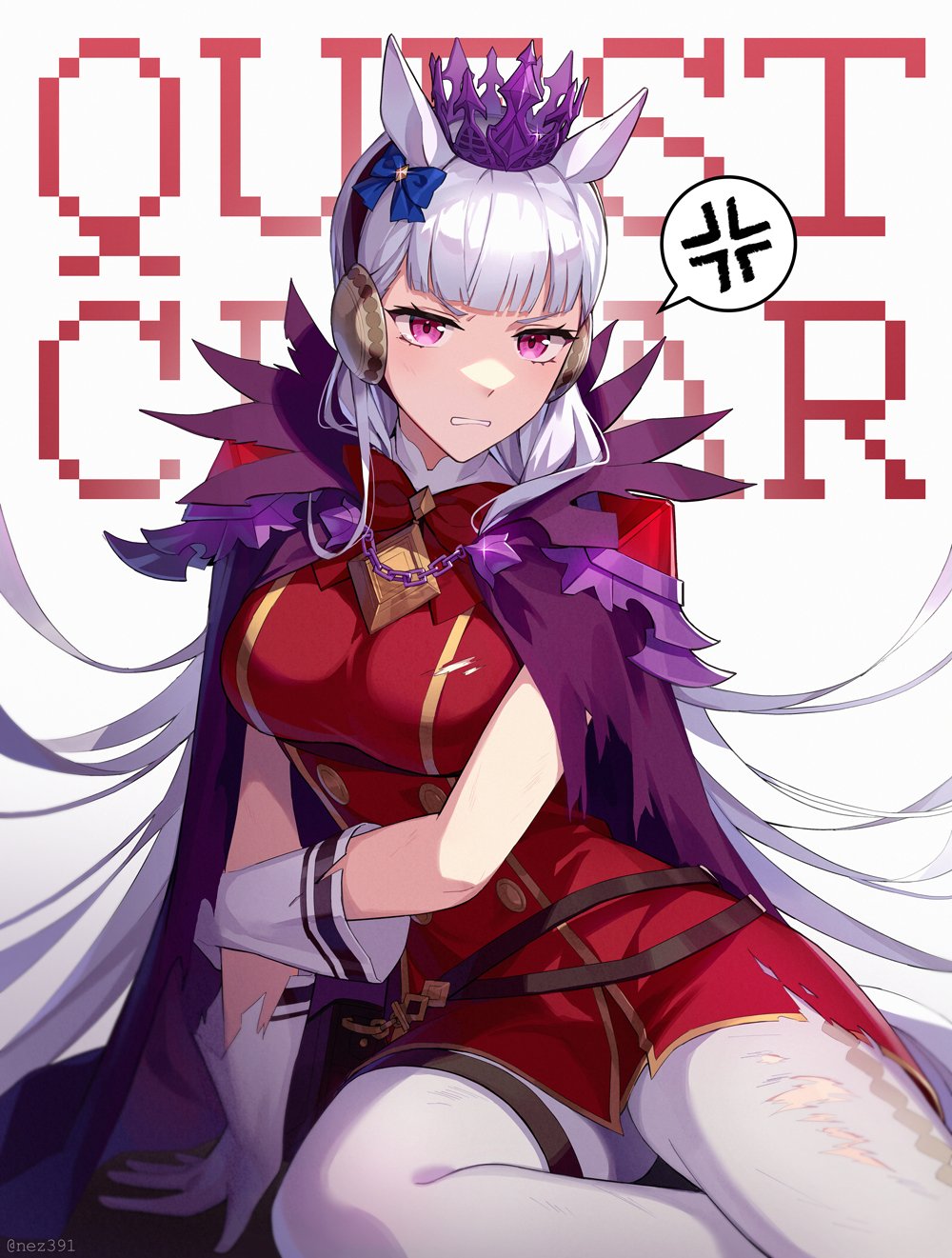 1girl, anger_vein, animal_ears, blunt_bangs, bow, cape, crown, dress, ear_covers, ear_ribbon, gloves, gold_ship_(that_time_i_became_the_strongest)_(umamusume), gold_ship_(red_strife)_(umamusume), gold_ship_(umamusume), grey_hair, highres, horse_ears, horse_girl, long_hair, mystical_high_collar, nez391, pantyhose, purple_cape, purple_eyes, red_dress, short_dress, sitting, solo, spoken_anger_vein, thigh_strap, torn_clothes, torn_pantyhose, umamusume, wariza, white_gloves, white_pantyhose