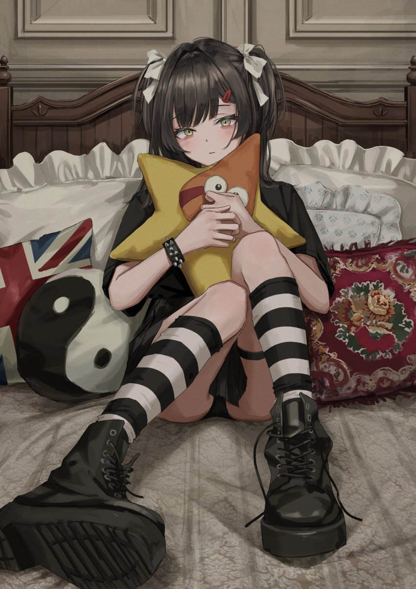 1girl, absurdres, ankle_boots, black_boots, black_hair, black_panties, black_shirt, boots