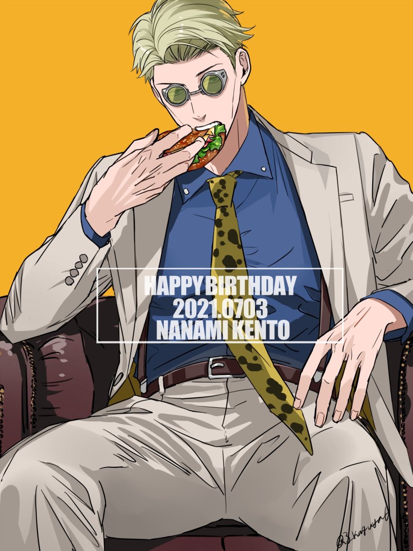 1boy, blonde_hair, blue_shirt, burger, chair, character_name, collared_shirt, cowboy_shot