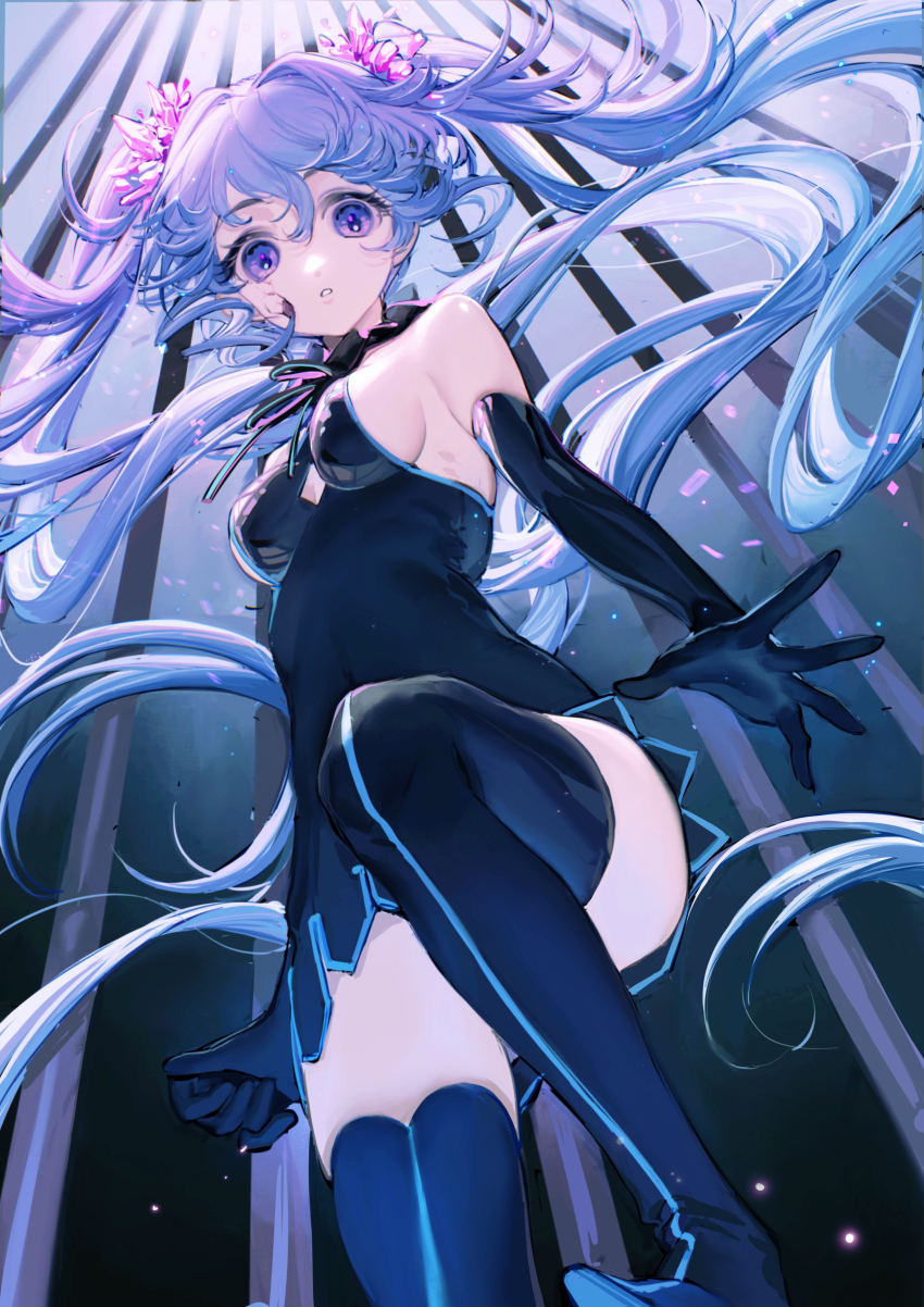 1girl, absurdres, black_dress, black_gloves, black_thighhighs, blue_hair, boots, breasts, dress, elbow_gloves, floating_hair, from_below, gloves, hair_between_eyes, hatsune_miku, hatsune_miku_(ghost_module), highres, long_hair, looking_at_viewer, medium_breasts, parted_lips, project_diva_(series), project_diva_mega39's, purple_eyes, rumoon, shiny_skin, short_dress, sideboob, sleeveless, sleeveless_dress, solo, thigh_boots, thighhighs, twintails, very_long_hair, vocaloid, zettai_ryouiki