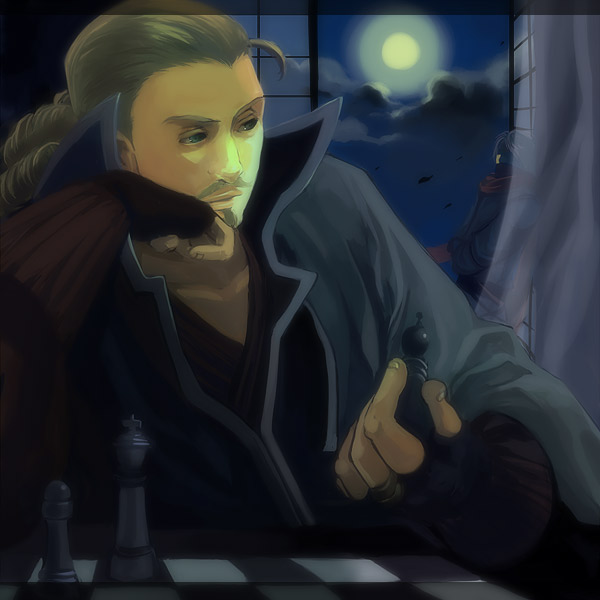 2boys, bastian_(fire_emblem), blonde_hair, board_game, cape, chess, crossed_arms, facial_hair