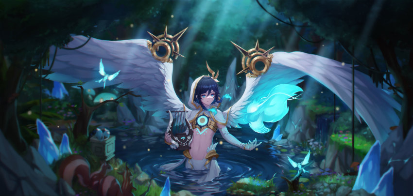 1boy, absurdres, androgynous, animal, black_hair, blue_hair, blurry, blurry_background, braid, bridal_gauntlets, bug, butterfly, capelet, chest_tattoo, closed_mouth, commentary_request, crop_top, crystal, dappled_sunlight, feathered_wings, flower, forest, genshin_impact, gradient_hair, green_eyes, hair_flower, hair_ornament, highres, holding, holding_instrument, hood, hood_up, hooded_capelet, in_water, insect, instrument, lyre, male_focus, midriff, multicolored_hair, nature, navel, outdoors, partially_submerged, pond, short_hair_with_long_locks, shorts, sidelocks, sleeveless, slime_(genshin_impact), smile, solo, squirrel, sunlight, tattoo, tree, twin_braids, venti_(archon)_(genshin_impact), venti_(genshin_impact), water, white_flower, white_shorts, white_wings, wings, xuan-k