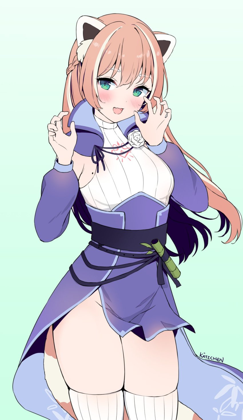 1girl, :d, animal_ear_fluff, animal_ears, artist_name, bamboo, blush, braid, breasts, brown_hair, claw_pose, commentary, cowboy_shot, detached_sleeves, fang, green_eyes, groin, hair_between_eyes, hands_up, highres, indie_virtual_youtuber, japanese_clothes, kaetzchen, kimono, long_hair, looking_at_viewer, medium_breasts, mole, mole_on_breast, no_panties, open_mouth, panda_ears, skindentation, sleeveless, sleeveless_kimono, smile, solo, thighhighs, virtual_youtuber, white_hair, white_thighhighs, yuria_of_ailurus