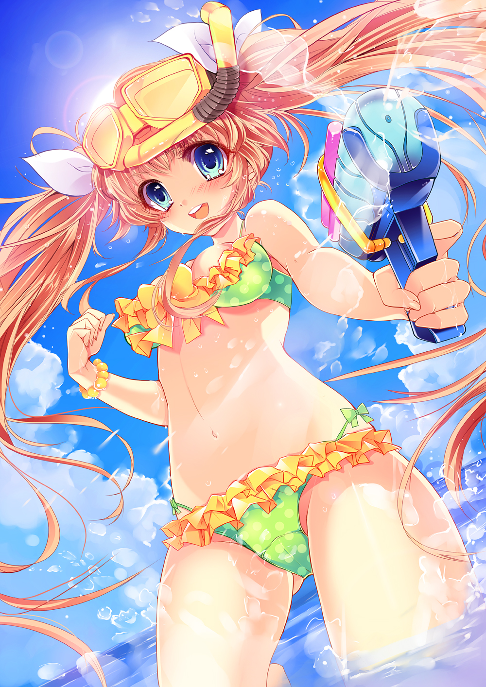 1girl, bad_id, bad_pixiv_id, bikini, blonde_hair, blue_eyes, cowboy_shot, day