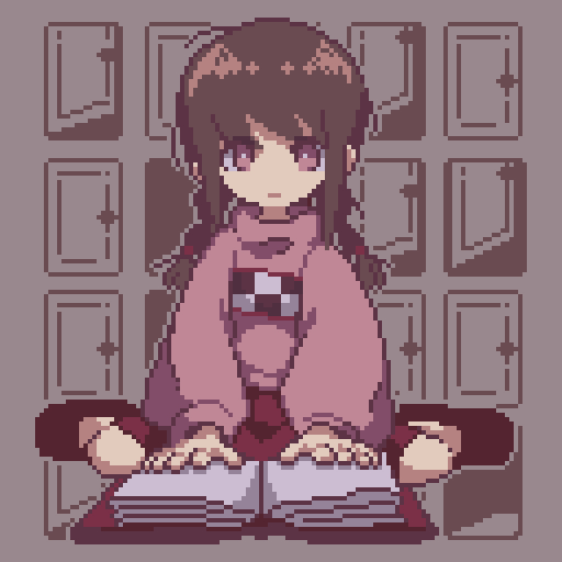 black_footwear, book, braid, brown_eyes, brown_hair, closed_mouth, long_sleeves, madotsuki, pink_sweater, pixel_art, red_skirt, regurusu_(nagarevosi), skirt, sweater, turtleneck, twin_braids, yume_nikki