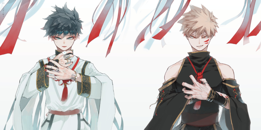 2boys, alternate_costume, bad_id, bad_pixiv_id, bakugou_katsuki, bare_shoulders, black_hair, blonde_hair