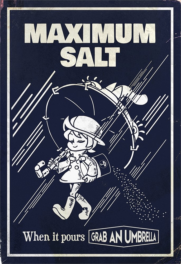 1girl, boots, brady_hartel, closed_eyes, hat, holding, holding_umbrella, hungern_(skullgirls), logo_parody, monochrome, morton_salt, official_art, poster_(medium), promotional_art, rain, raincoat, salt, short_hair, skullgirls, solo, umbrella, umbrella_(skullgirls), walking