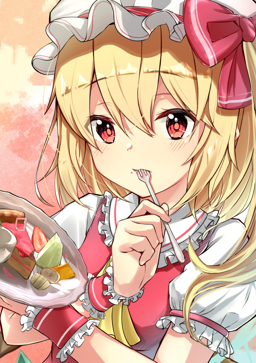 1girl, absurdres, arms_up, banana, blonde_hair, blush, bow, cake